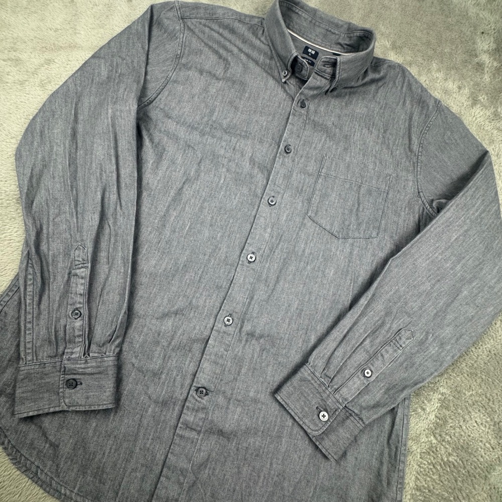 Uniqlo Button Down Shirt Mens XL Grey Excellent Slim Fit‎ Cotton 331-419018